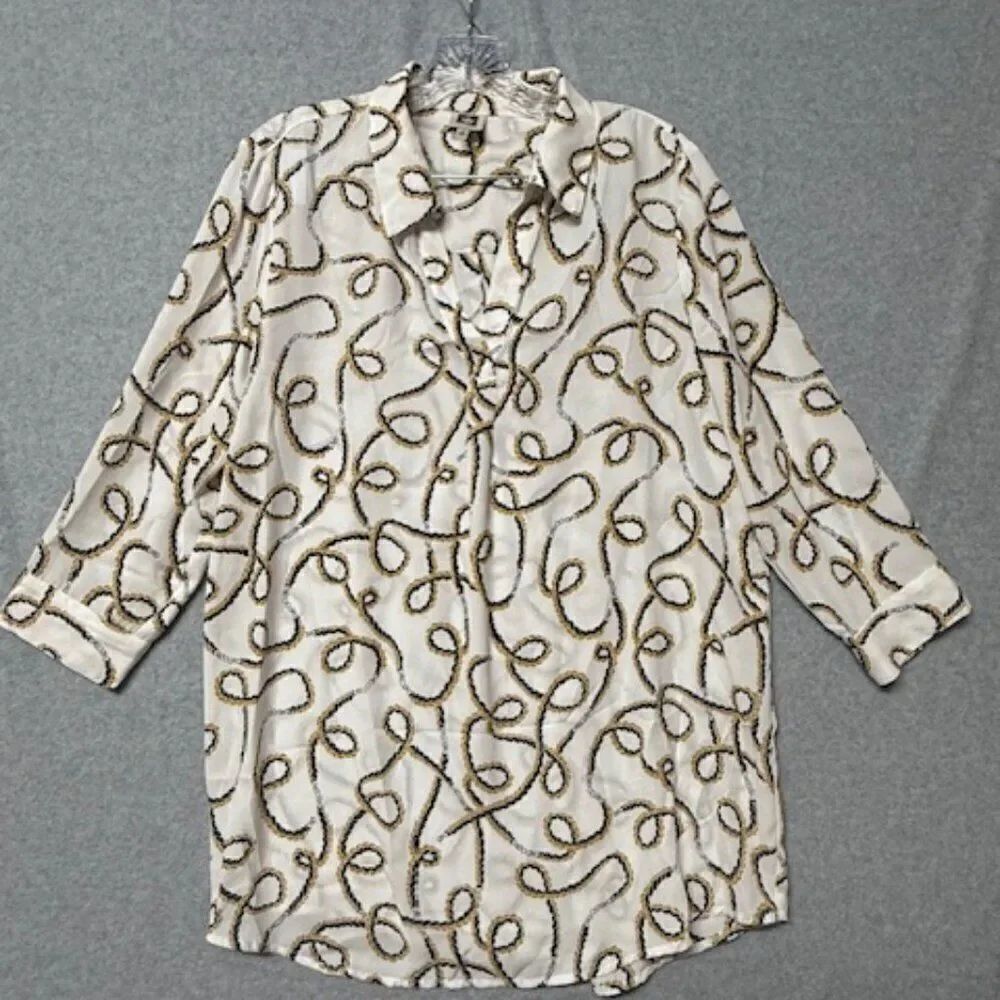 Anne Klein Womens Tunic Top Multicolor Chain Pattern 3/4 Sleeve High Low Size M